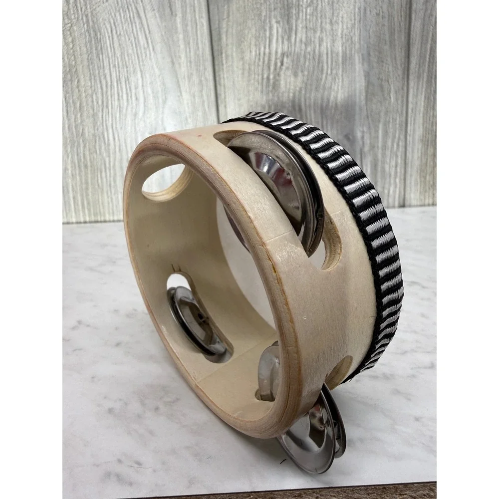 Wooden Handheld Tambourine 4 Inch Small Percussion Drum with Metal Jingles